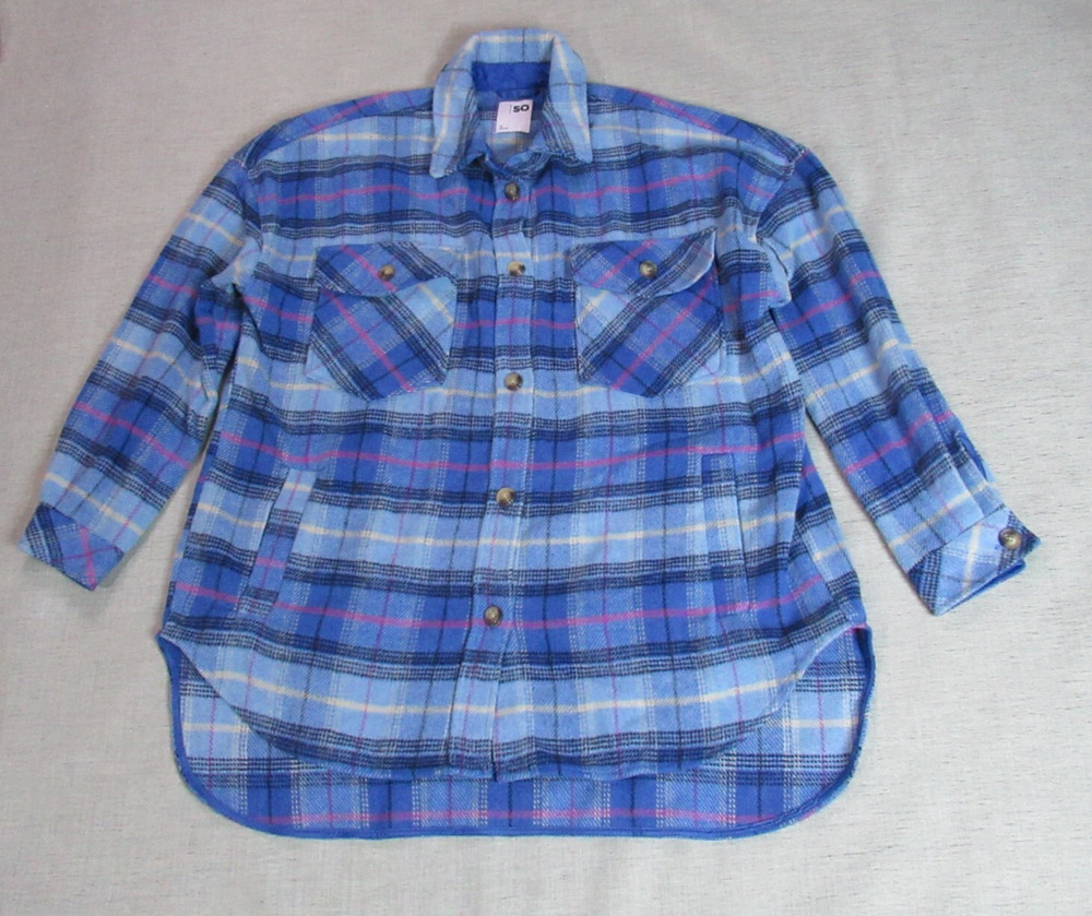 So Jacket Women Size XL Blue Plaid Flannel Shirt Shacket Granny Cabincore Ranch